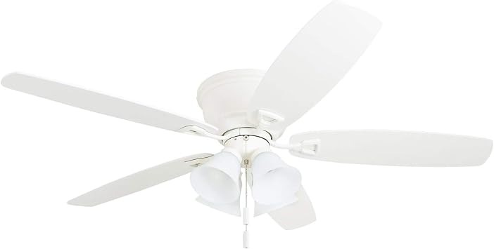 Honeywell Ceiling Fans Glen Alden, 52 Inch Classic Flush Mount Indoor LED Ceiling Fan with Light, Pull Chain, Quick-2-Hang Dual Finish Blades, Reversible Motor - 50520-01 White