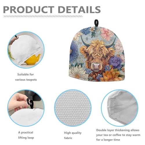 Image of Highland Cow Tea Cozy for Teapot - Insulated Showy Flower Pot Cover, Bohemia Cattle Wildlife Kettle Kitchen Dust Cover