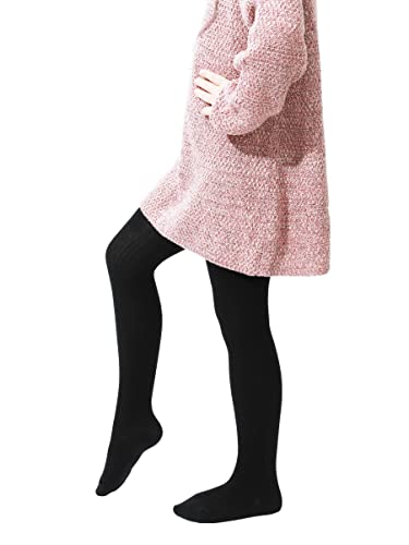 Image of Paralinda Girls' Cotton Tights - Toddler Cable Knit Footed Tights (Pattern A Black, 5-6Y)