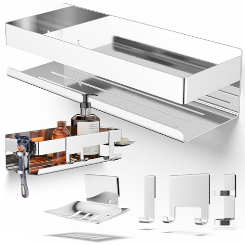 HENAL Duschablage Set 5 in 1, Hochglanz Edelstahl-Duschablage ohne Bohren,...