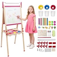 ORTONPARK Easel for Kids, 3-in-1 Art Wooden Easel with Paper Roll, Adjustable Height Double Sided Standing Dry-Erase Whiteboard & Chalkboard for Children–Educational Gift & Supplies for Toddler(Pink)