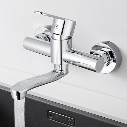 Robinet Mural Cuisine rotatif à 360° Robinet Evier 304 Inoxydable avec bec 15cm Eau Chaude et Froide, Trous de Montage Réglables Chromé