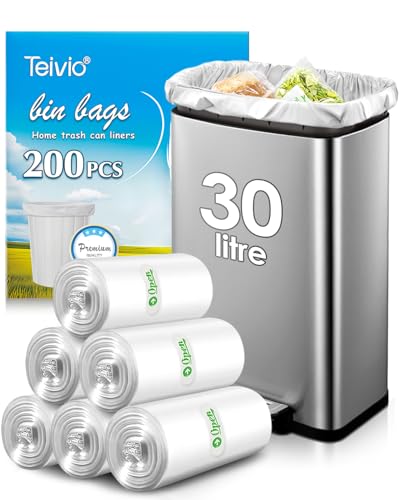 30 Liter 200 Counts Strong Unscented Medium Bin Bags Fit 25 30 35L Rubbish can by Teivio 8 Gallon Thick Bathroom Pedal Bin Liners Plastic Bags for Home Office Kitchen Clear