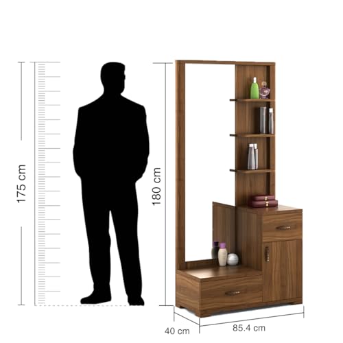 Image of Spacewood Dressing Table | Harmony | 3 Year Warranty | 3 Shelves & 2 Drawer, 1 Shutter Storage, Vanity Table for Bedroom, Living Room, and Home| Engineered Wood | Natural Teak