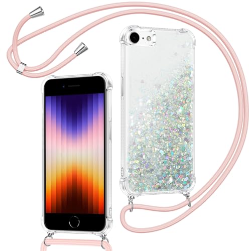 Xiltlly Coque pour iPhone 8/7/iPhone SE 2020/SE 2022 avec Cordon, Paillette Liquide Transparent Crystal Glitter Housse, Protection Antichoc Silicone Souple TPU...