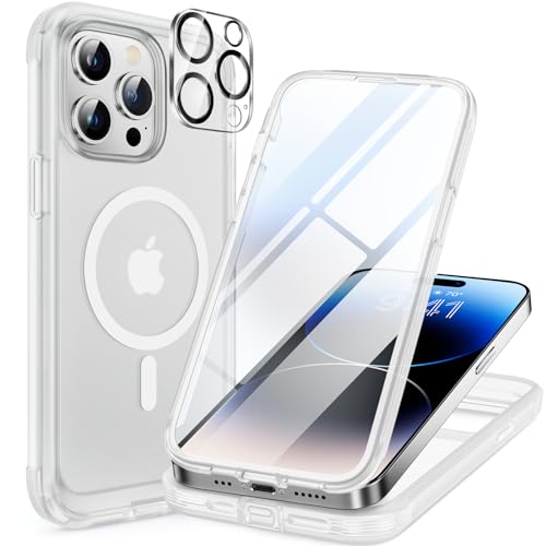 Image of Miracase Magnetic for iPhone 14 Pro Case 6.1 inch, (Compatible with MagSafe) Upgrade Full-Body Clear Phone Bumper Case with Built-in 9H Tempered Glass Screen Protector, Frosted Clear