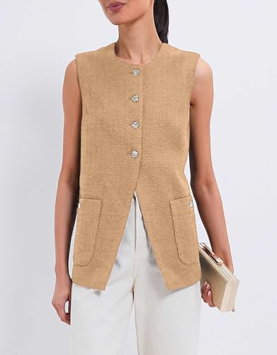Women Sleeveless Blazer Vest Summer Button Down Round Neck Tweed Suit Vest Business Office Casual Work Waistcoat4