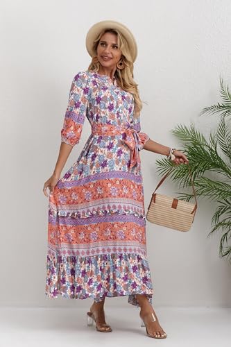 Image of Women Boho High-Waist Floral Print Maxi Dress 3 /4 Sleeve Casual | Soft Rayon, Breathable, Quick-Dry. High-Waist with Adjustable Belt, Flattering Hem. Ideal for Beach, Work & Dating.