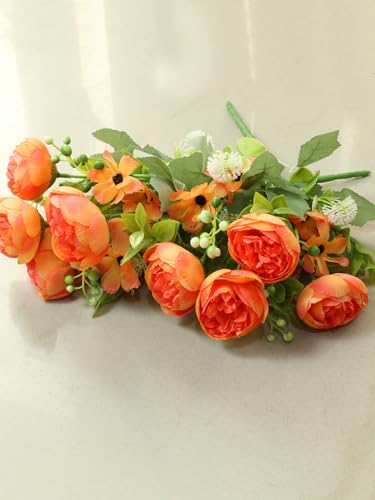 Image of TIED RIBBONS 2 Pcs Artificial Rose Peony Flowers Bunch Sticks for Decoration (Orange) Decorative Items for Home Table Vase Pot Craft Living Room Bedroom Office Restaurant (Without Vase) - Polyester