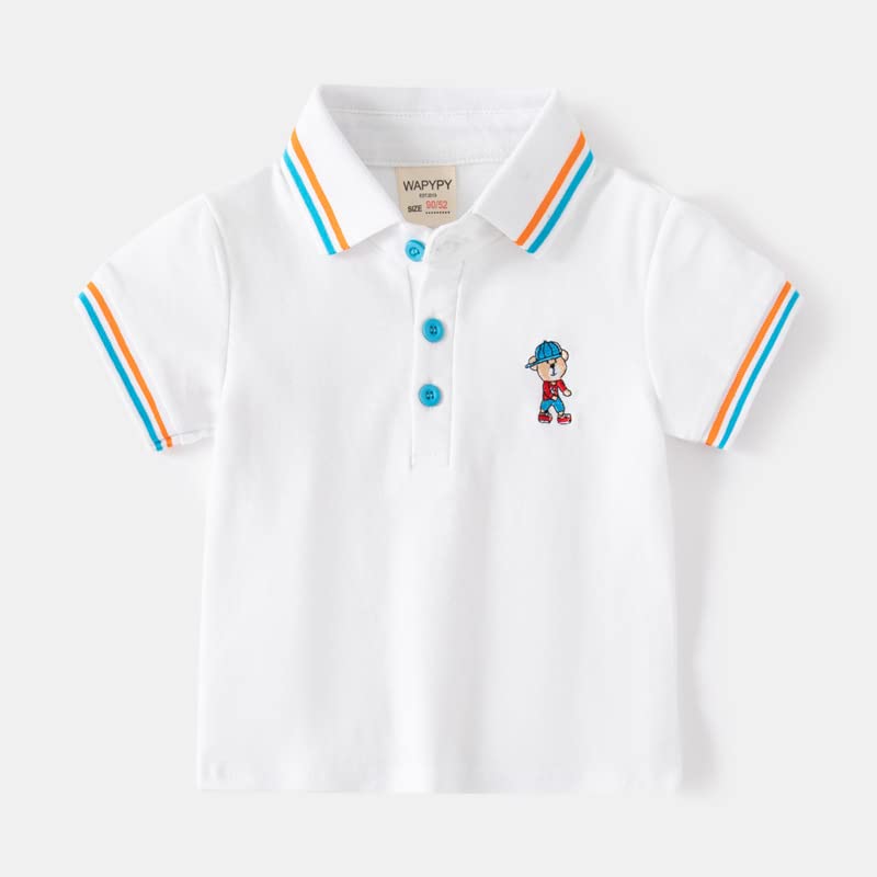 Toddler Baby Boys Embroidered Button Lapel Short Sleeve Cartoon Printed Polo T-Shirt Casual Classic Summer Blouse Top (White,90/18-24 M,Unisex,Big Kid,US,Age,18 Months,24 Months)