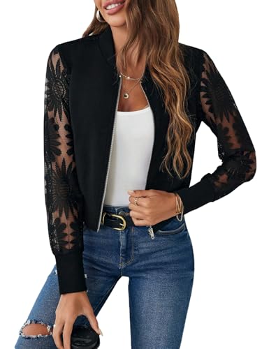 GORGLITTER Damen Bomberjacke Langarm Spitze Jacke mit Reißverschluss...