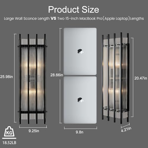 Image of Modern Black Wall Sconce,25in Grand Rectangular Ribbed Glass Wall Sconces,Indoor Hardwired Wall Sconces for Large Spaces,for Living Room,Hallway,Stairway Sconces Wall Lighting,Included E12 Bulbs