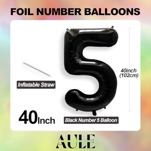 Image of AULE 40 Inch Big Black 5 Balloon Number Large Foil Helium Number Balloons 0-9 Jumbo Giant Happy 5th Birthday Party Decorations for Boy or Girl Huge Mylar Anniversary Party Supplies