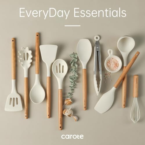 Image of CAROTE 10-Piece Kitchen Utensils Set with Wood Cool-Touch Handles, Cream | Silicone Cooking Utensil, Food Grade, Nonstick Cookware Friendly, BPA-Free, Heat-Resistant, Everyday Home Essentials, Gifts