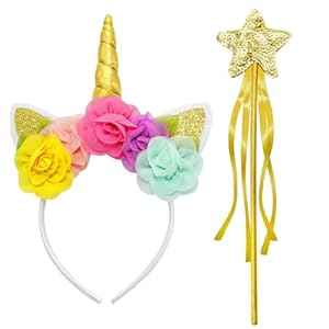 ROSAUI Einhorn Haarreif und Zauberstab, Goldenes Einhorn-Stirnband und Glitzer Zauberstab, Einhorn Kostüm Accessoire für Damen, Einhornkostüm Haarschmuck Accessoire Halloween, Weihnachten, Karneval