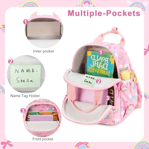Image of Bluboon Toddler Backpack for Girls Boys 2-4 Cute 12 inch Preschool Kindergarten Backpacks Kids Daycare Bags School Travel (Pink-Rainbow Bow, Age 2-4 (12 inch H not Fit A4 Folder))