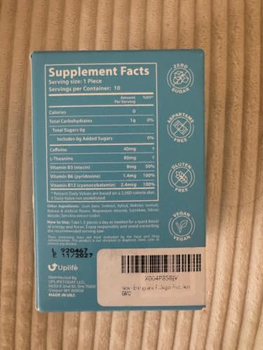 UPLIFE Energy and Focus Gum – 20 Pcs, Made in USA | 40mg Natural Caffeine + 80mg L-Theanine + Vitamin B12 & B3 | Sugar-Free, Vegan | Nootropic Gum for Energy, Focus & Mental Clarity – Peppermint — view 2