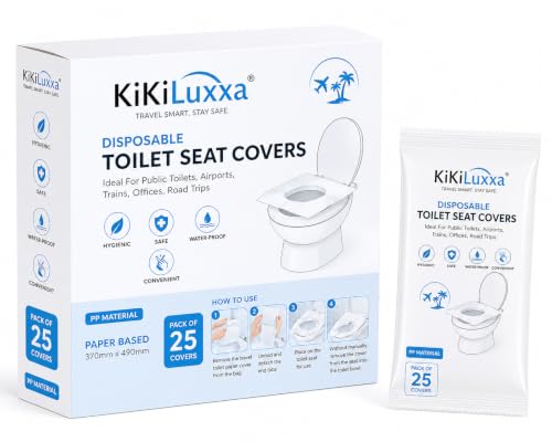 Image of KiKiluxxa Disposable Toilet Seat Covers for Travel, Pack of 25, Individually Wrapped, Waterproof PP Material, Hygienic Portable Toilet Seat Covers for Women, Kids & Adults, Travel Essentials (PP25)