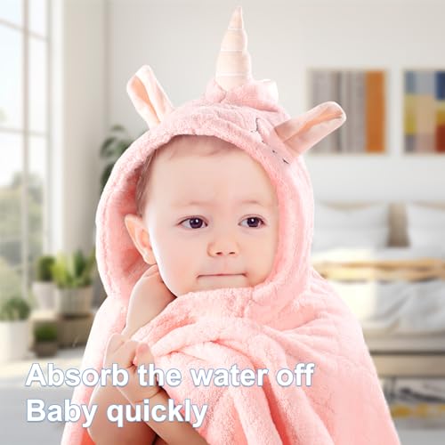 Image of Toddler Towels with Hood for Girls,Soft Premium Coral Fleece Girl Bath Towel-Ultra Absorbent for Baby Cozy and Warm-Bath Essential for Newborn, Infant and Children, Pink Unicorn