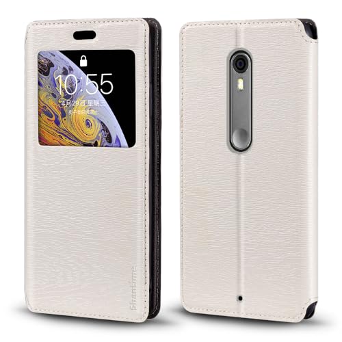 Shantime Viewable Window Leather Flip Case Compatible with Moto X Pure, Elegant Design Clear Display Invisible Magnetic Cover and Card Slot(White)