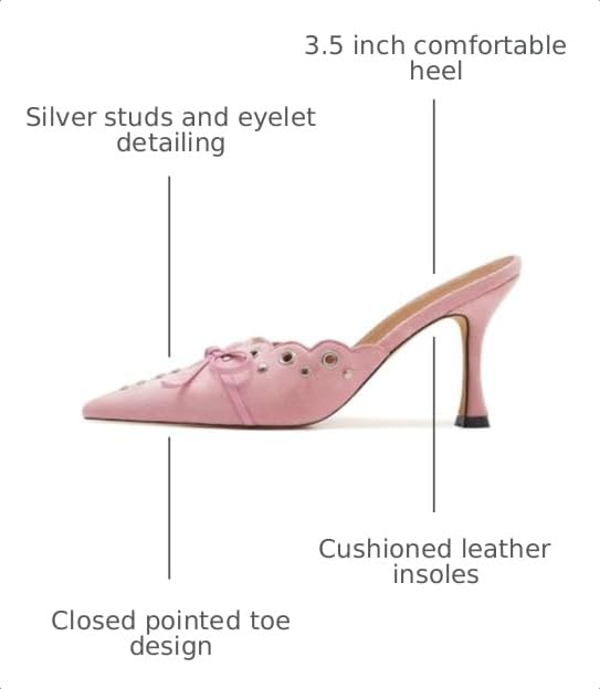 Image of Kitten Heel Mules for Women Bow Tie Suede Stiletto Heels Mule Pointed Toe Studs Slide Heeled Sandal Pumps for Wedding Dress Party