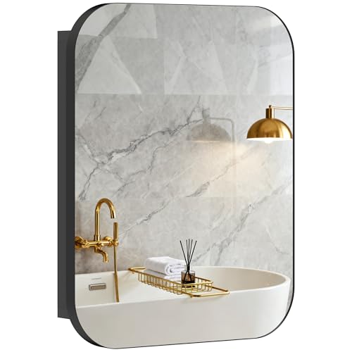 HOMCOM Specchio Bagno Contenitore con 2 Ante Soft Close, Mobile Bagno con Specchio, Ripiani Regolabili, Mobilettto Bagno da Parete Salvaspazio in Vetro, Nero