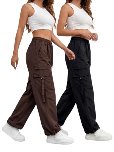 Image of Leriya Fashion Women's Elastic Waist Cargo Pants| Casual Loose Fit Jogger Trousers with Pockets| Lightweight Streetwear Pants for Women