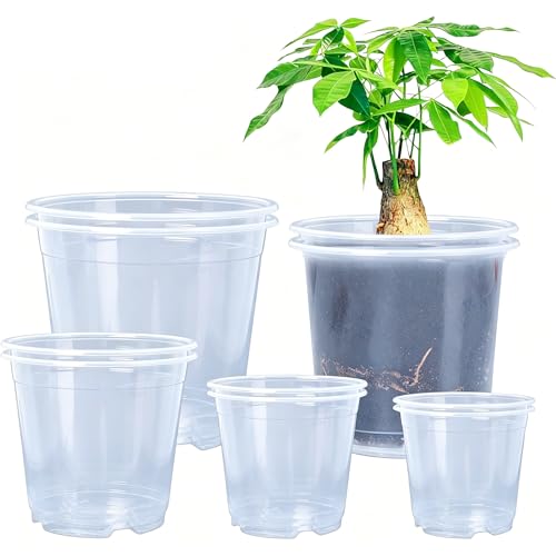 Oubest 6.7/6/5/4/3.5 Inch Clear Nursery Pots Variety Pack with Drainage Holes Transparent Plastic Plant Pot for Plants Seed Starter Planter Flower Pots 10 Packs