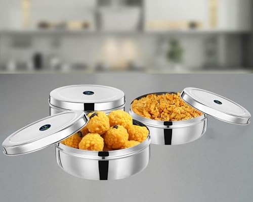 Image of Stainless Steel Puri Dabba Set - Large Size | Set of 3 Kitchen Storage Containers | Heavy Gauge Food Storage Canisters | 16.5 cm, 18 cm, 20 cm | 2.2L, 1.8L, 1.5L | Ideal for Indian Kitchen