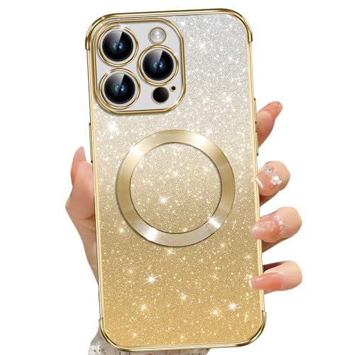 Cover Magnetica per iPhone 15 Pro Max Glitter Custodia Compatibile con MagSafe Anti Graffi Non Ingiallente Protezione Completa Case 15 Pro Max con 2 Vetro Temperato oro
