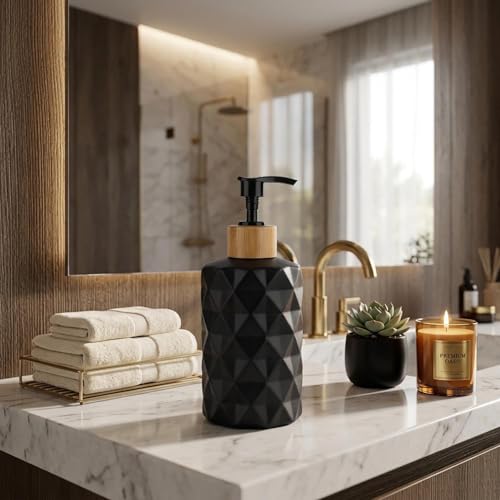 Image of Luxe Home International Faceted Pattern Glass Soap Dispenser for Bathroom and Kitchen Sink Leak Proof Liquid Hand Wash Round Bottle Lightweight Matte Finish (17.5x7.5 cm Black) Pack of 1