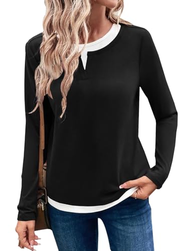 LOLONG Women Fall Long Sleeve Color Block T Shirts 2025 Casual Crew Neck Tops Tees