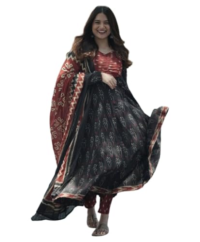 Image of GoSriKi Women's Rayon Viscose Anarkali Kurta Set with Pant and Dupatta | Stylish Long Kurti Dress for Festive, Party, and Ethnic Wear