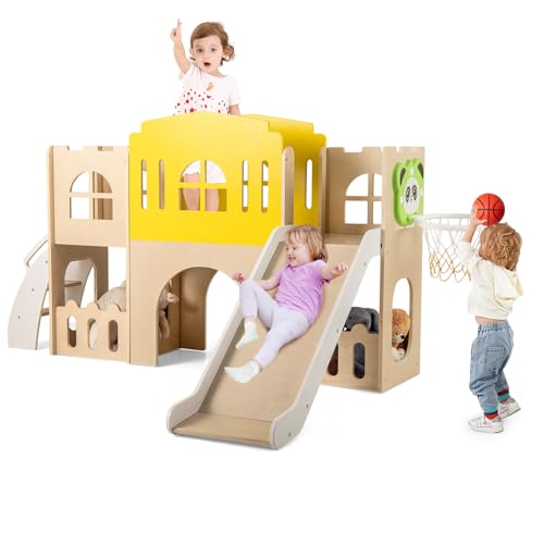 COSTWAY 7-in-1 Kinder Rutsche, Kinderrutsche mit Kletterleiter & Basketballkorb & Tunnel & Stauraum, Klettergerüst Indoor, Holz Spielplatz für Kinder ab 3 Jahren COSTWAY 7-in-1 Kinder Rutsche, Kinderrutsche mit Kletterleiter & Basketballkorb & Tunnel & Stauraum, Klettergerüst Indoor, Holz Spielplatz für Kinder ab 3 Jahren
