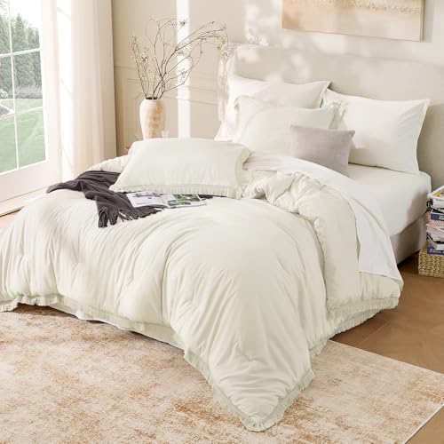 Image of Andency Oversized King Size Comforter Set Ivory 128x120, 3 Pieces Boho Soft Lightweight Bedding Comforter Sets, Tassel All Season Bed Set (1 Comforter & 2 Pillowcases)