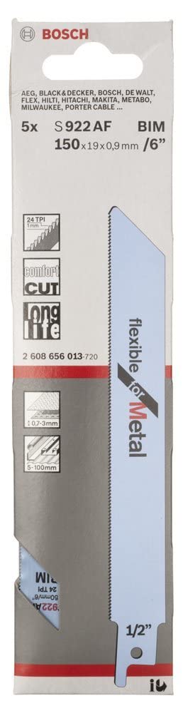 Bosch Professional Reciprocating Saw Blades, For Metal, S 922 Af, Blade Length 150Mm ,Suitable For Thin Sheet Metals, Fine Pipes/ Profiles, Effortless, Fine Cut, Pack Of 5 1