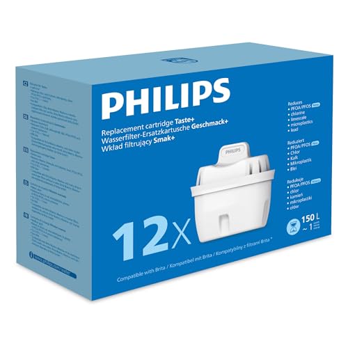 Philips Water Replacement Filter Cartridges Taste+ 12-Pack Reduces MICROPLASTICS Chlorine LIMESCALE Heavy Metals Packaging May Vary Compatible with Brita*