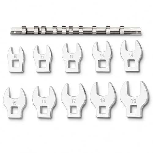 VOBOR Juego de 10 Llaves de Pata de Gallo Métricas 3/8', 10-19 mm, Boca Abierta, con Organizador con Clip, para Llave Dinamométrica