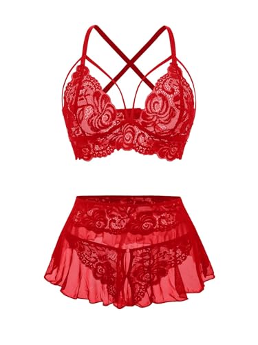 Bralette sexy à bretelles et mini jupe ensemble lingerie tulle transparent