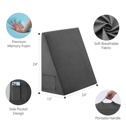 Image of Bedluxe Wedge Pillow, 12 inch Bed Wedge Pillow for Headboard, Pillow Wedge for Acid Reflux Relief, Sleeping, After Surgery, Snoring, Gerd, Triangle Pillow Wedge - Cooling Memory Foam Top, Plush Grey