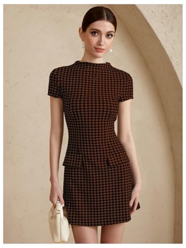Women's Houndstooth Mock Neck Dress Short Sleeve Flared A Line Work Office Dresses4