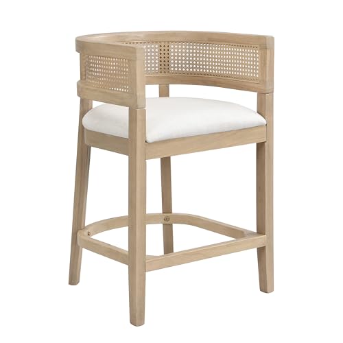 Christopher Knight Home Maida Wooden Counter Stool Set of 2, Kitchen Counter Height Bar Stool, Cocktail Stool with Rattan Round Backrest, Fabric Upholstered Chair for Bar Table, Beige+Natural Ash by Christopher Knight Home - Image 4