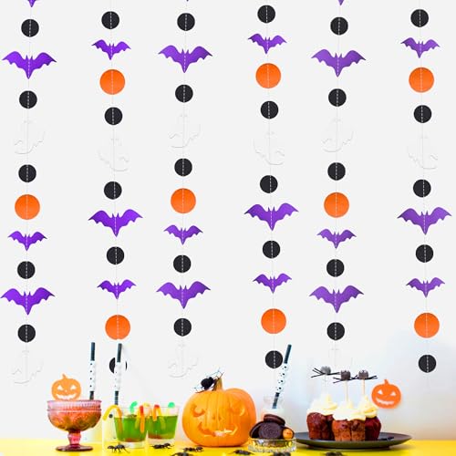 CUUSNNY Halloween Garland Streamers Purple Bat White Ghost Black & Orange Circle Dot Hanging Paper Banner Bunting for Halloween Party Birthday Fireplace Indoor Home Decorations(3Pcs 33Ft)