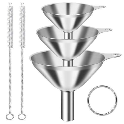 3 Stück Trichter Edelstahl, Mini Strainer KücheTrichter mit Griff und mit 2 Reinigungsbürste,Metall Einfülltrichter Set,Stapelbarer Kleiner Trichter für Übertragen von Flüssigkeit, Kochölen,Pulver