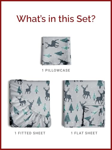 Twin Christmas Reindeer Sheet Set - Holiday Xmas Pattern Bedding Set - Deep Pockets - Snug Fit - 3 Piece - Wrinkle Free & Easy Care - Comfy Festive Winter - Holiday Sheets for Women, Men, Kids & Teens