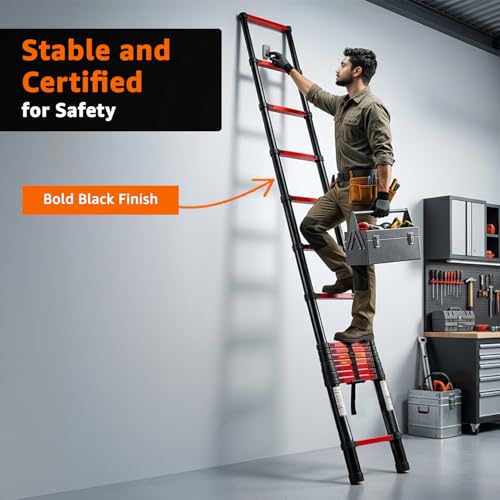 Image of Amazon Basics 4.4 m (14.45 ft) Compact Alloy Steel Telescopic Ladder | 15-Step Extendable & Foldable | Portable Multipurpose