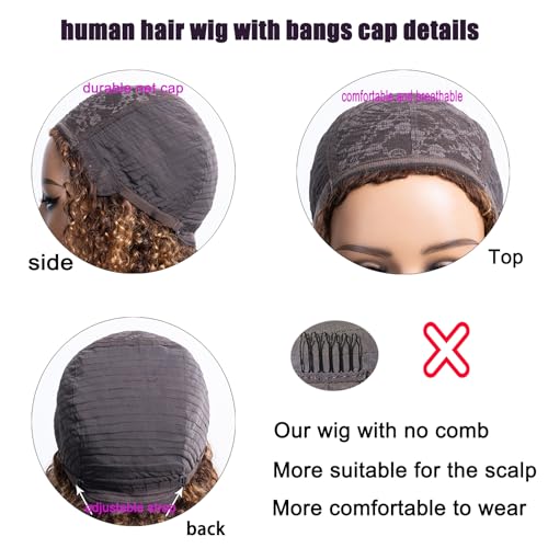 short water wave human hair wig with bangs 200% density highlight brown and blonde P4/27 wet and wavy wigs 100 percent human hair no lace wigs for women 12 inch - Image 7
