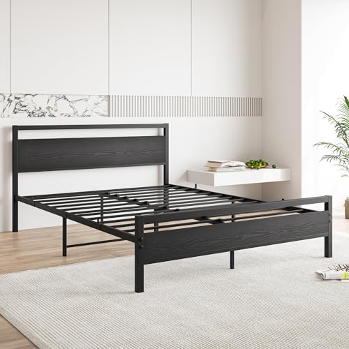 Image of BOFENG Black Queen Size Bed Frames with Wood Headboard,Heavy Duty Metal Platform Bed Frame with Storage No Box Spring Needed,Strong Steel Slats Support,Noise Free,Easy Assembly