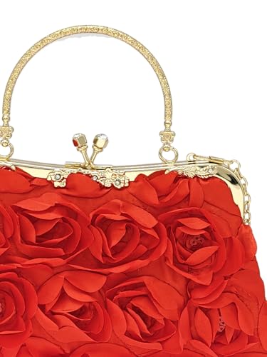 Women's 3D Rose Clutch Purses Satin Floral Crossbody Bags Evening Wedding Party Handbag With Chain4