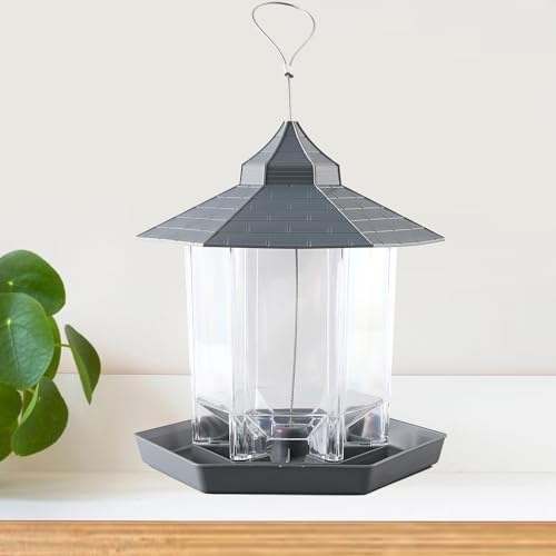 Image of Kuber Industries Bird Feeder for Balcony Grill|PP Grain Holder for Garden, Outdoor|Stylish Hut Shape with Hanging Wire (Grey)
